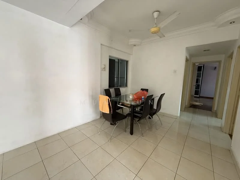 Dining features: white painted walls, ceramic tile flooring, ceiling fan, glass dining table, 6 black dining chairs, window with sheer curtains, decorative fruit bowl on table; style: modern. Hallway features: white painted walls, ceramic tile flooring, doorway leading to other rooms.