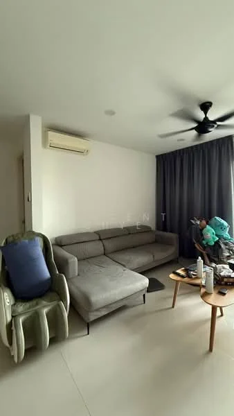 Living features: 3-seater fabric sofa in grey, L-shape sectional sofa, ceiling fan, wall-mounted split AC, floor-to-ceiling window with sheer curtains, light-coloured walls, light-coloured tile flooring, wooden coffee table, decorative items on coffee table, green armchair, wall-mounted TV, dark curtain; style: modern.