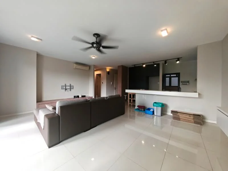 Living features: 3-seater fabric sofa in dark grey, coffee table, wall-mounted TV, ceiling fan with light, recessed LED downlights, white painted walls, polished ceramic tile flooring, open kitchen layout, kitchen island with bar seating, built-in cabinetry, air conditioning unit; style: modern.