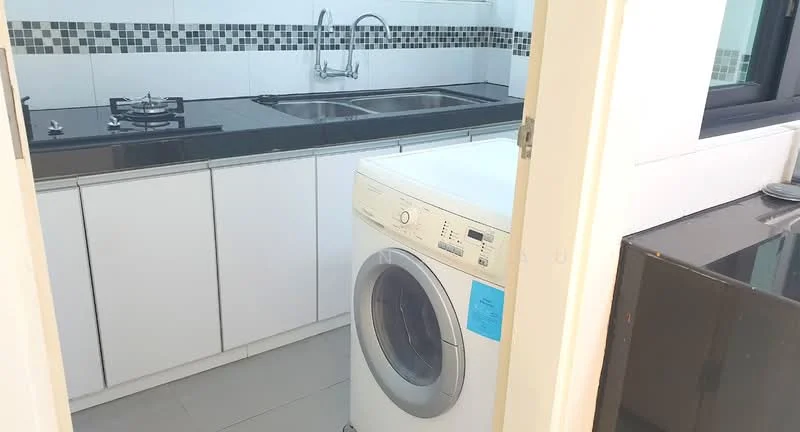 Laundry features: front-load washing machine, black granite countertop, double-bowl stainless-steel sink, chrome faucet, gas hob, white cabinetry, grey tiled flooring, black and white mosaic backsplash; style: modern. Kitchen features: black granite countertop, double-bowl stainless-steel sink, chrome faucet, gas hob, white cabinetry, grey tiled flooring, black and white mosaic backsplash; style: modern.