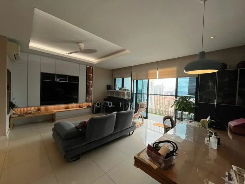 Living features: grey fabric sofa, wooden coffee table, wall-mounted TV, built-in cabinetry with lighting, floor-to-ceiling windows, city skyline view, ceiling fan with light, recessed lighting, decorative plants, dining table with chairs, white tiled flooring, roller blinds; style: modern; view: city.