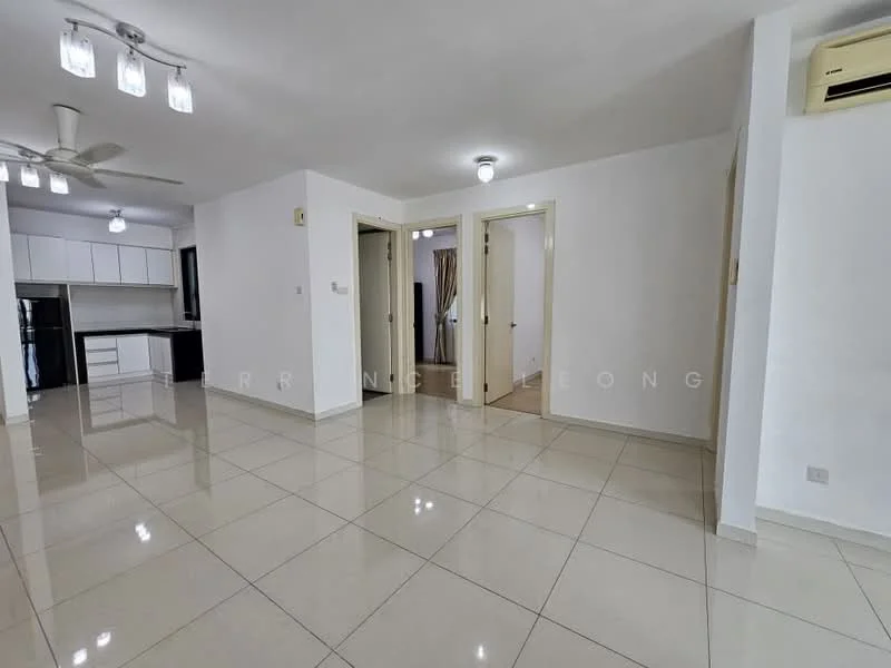 Living features: glossy tile flooring, white painted walls, ceiling fan with light, recessed downlights, doorways leading to other rooms, large windows, air conditioning unit, neutral color palette; style: modern. Kitchen features: white cabinetry, stainless-steel appliances, open layout to living area, countertop space, backsplash, kitchen island, under-cabinet lighting; style: modern.