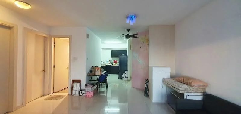 Living features: white painted walls, glossy tile flooring, ceiling fan, recessed ceiling lights, sofa, side table, dining table, black cabinet, kitchen area visible in background, decorative wall with peeling paint, doorway to other rooms; style: modern.