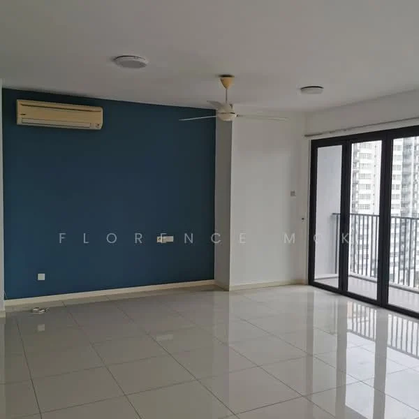 Living features: white painted walls, blue accent wall, polished ceramic tile flooring, 5-blade ceiling fan with light, wall-mounted split AC, floor-to-ceiling sliding glass door, balcony access, natural light from windows; style: modern; view: city.