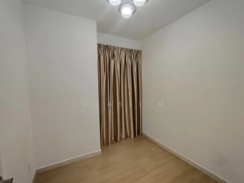 Room features: white painted walls, wooden flooring, curtains in beige, ceiling light fixture with multiple bulbs.