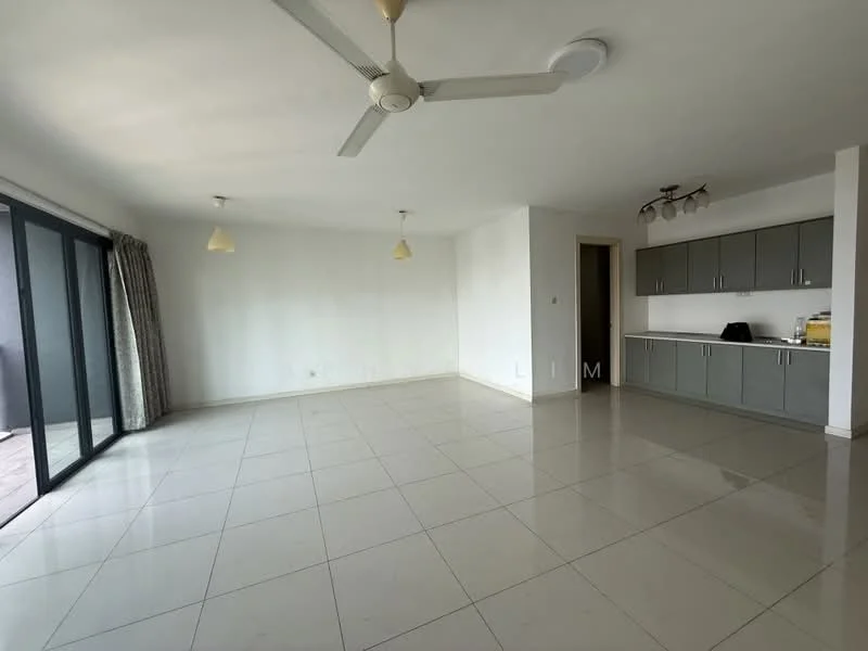 Living features: large floor-to-ceiling windows, sliding glass door, white painted walls, polished ceramic tile flooring, 5-blade ceiling fan, 2 pendant lights, grey cabinetry, countertop, open layout, natural light, curtains, no visible furniture; style: modern.