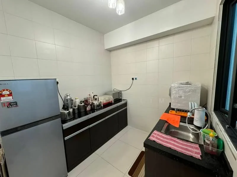 Kitchen features: stainless-steel fridge, black granite countertop, single-bowl stainless-steel sink, chrome pull-down faucet, dark wood cabinetry, white tiled walls, white tiled flooring, window with black frame, kitchen appliances including kettle and rice cooker, area rug, under-cabinet lighting; style: modern.