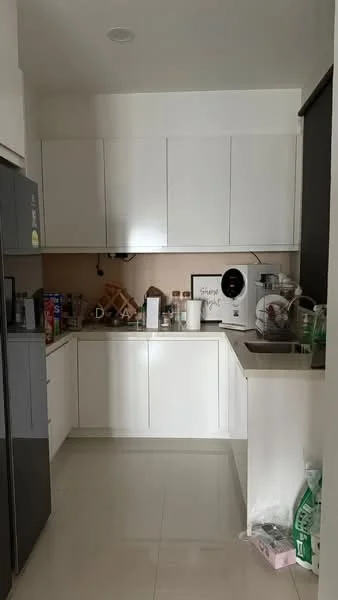 Kitchen features: white flat-panel cabinets, light brown backsplash, stainless-steel sink, chrome pull-down faucet, built-in refrigerator, freestanding washing machine, countertop with storage underneath, ceramic tile flooring, wall-mounted microwave, open shelving, decorative wall art; style: modern.