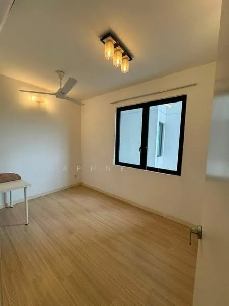 Bedroom features: wooden flooring, white painted walls, 5-blade ceiling fan with light, chandelier with multiple bulbs, large window, table, neutral decor; style: modern.