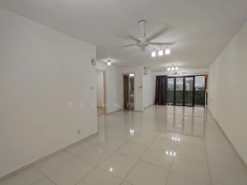 Living features: white painted walls, glossy ceramic tile flooring, 5-blade ceiling fan with light, recessed downlights, floor-to-ceiling windows, sliding glass door, curtains, open layout; style: modern; view: garden.