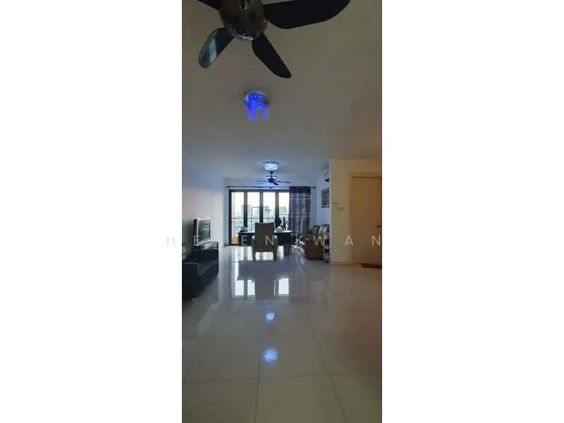 Living features: white painted walls, glossy tile flooring, 5-blade ceiling fan with integrated LED light, floor-to-ceiling windows, sliding glass door, sofa in dark color, coffee table, TV console, decorative ceiling light, curtains, area rug, wall-mounted TV; style: modern; view: city.