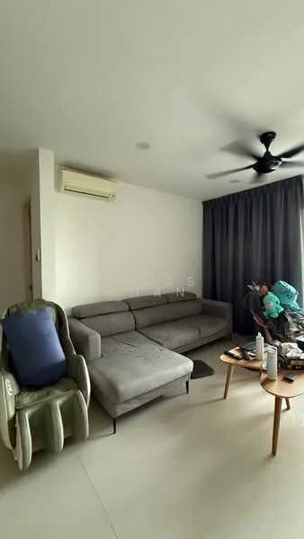 Living features: 3-seater fabric sofa in grey, ceiling fan, wall-mounted split AC, large window with grey curtains, coffee table, decorative items on coffee table, light-colored tiled flooring, neutral painted walls; style: modern.