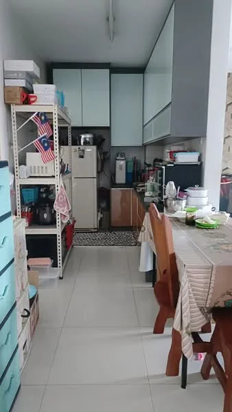 Kitchen features: white upper cabinets, grey lower cabinets, stainless-steel fridge, built-in countertop, ceramic tile flooring, dining table with wooden chairs, open shelving unit, decorative tablecloth, kitchen appliances on countertop, black and white patterned mat, wall-mounted storage, various kitchen utensils; style: modern.