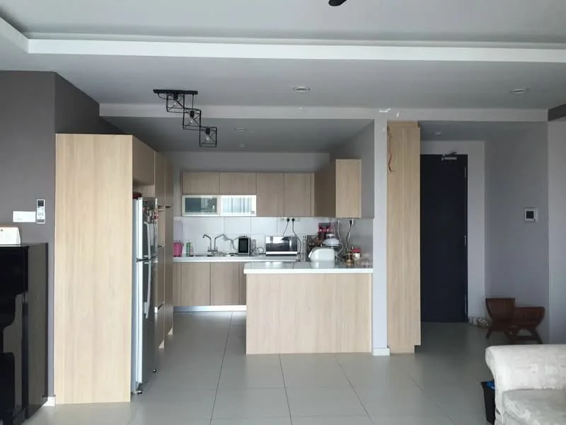 Kitchen features: light wood cabinetry, white countertop, stainless-steel fridge, built-in oven, freestanding range oven, microwave, single-bowl stainless-steel sink, chrome pull-down faucet, tile flooring, pendant lighting, open layout, neutral wall color, kitchen island; style: modern.