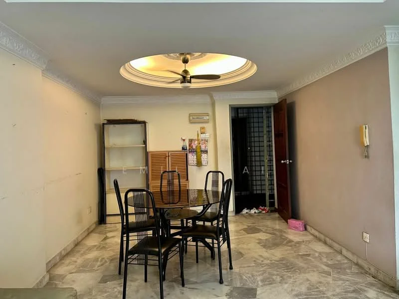 Dining features: round dining table with glass top, 4 black metal dining chairs, marble flooring, tray ceiling with recessed lighting, ceiling fan with light, cream painted walls, wooden door, black security door, wall-mounted intercom, decorative wall paneling, corner shelving unit; style: modern.