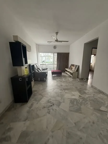 Living features: marble flooring, white painted walls, ceiling fan, sofa in grey, wooden TV console, large window with view, curtains, decorative wall shelf; style: modern.