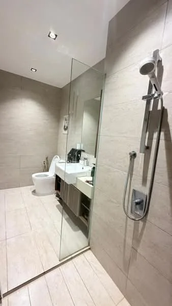 Bathroom features: walk-in shower with glass enclosure, rain shower head, handheld shower, single-sink vanity with wood cabinet, framed mirror, one-piece toilet, tile cladding on walls, ceramic tile flooring, recessed downlights; style: modern.