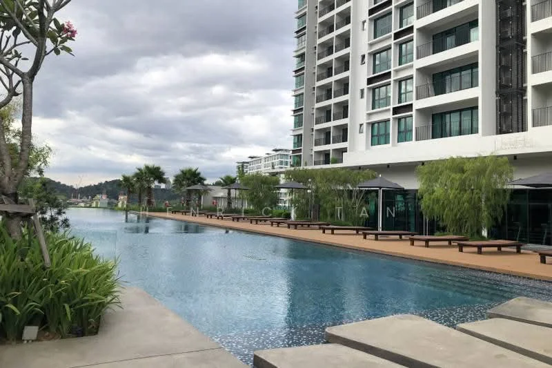 Exterior type: high-rise condominium; features: infinity pool, pool deck with loungers, landscaped garden with palm trees, manicured lawn, modern architectural design, glass curtain wall, surrounded by greenery, outdoor seating area; style: modern.