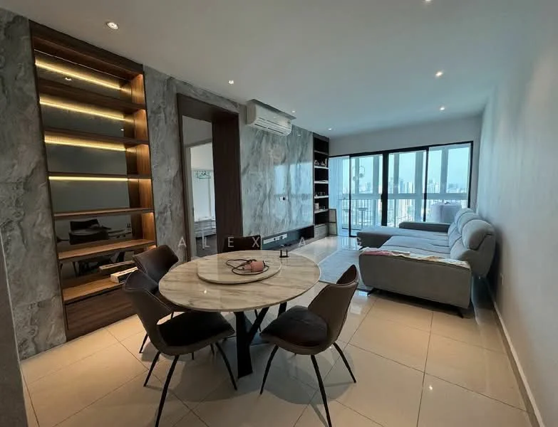 Living features: grey fabric sectional sofa, round marble dining table, 4 upholstered dining chairs, built-in wooden shelving unit, wall-mounted TV, floor-to-ceiling windows, light-colored walls, recessed ceiling lights, air conditioning unit; style: modern; view: city.