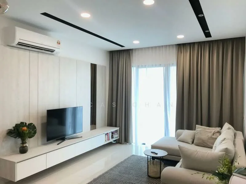 Living features: white painted walls, polished tile flooring, recessed downlights, 5-blade ceiling fan, floor-to-ceiling windows, sheer curtains, grey curtains, wall-mounted TV, TV console with storage, light-colored sectional sofa, decorative throw pillows, black coffee table, area rug with geometric pattern, indoor plant in ceramic pot; style: modern.