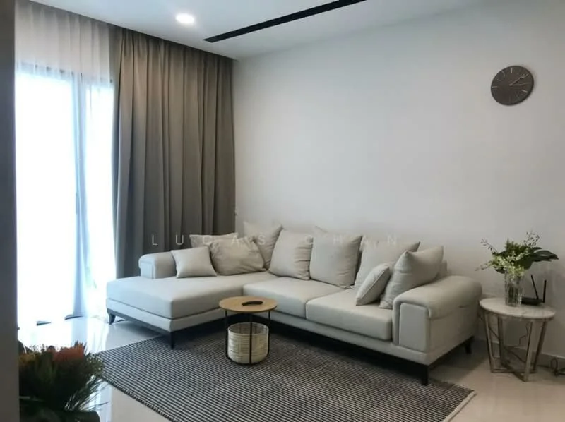 Living features: L-shape sectional sofa in light grey, round coffee table with black metal base, area rug with striped pattern, floor-to-ceiling windows with sheer curtains, wall-mounted clock, decorative vase with flowers, wall with white painted finish, recessed ceiling lights; style: modern.