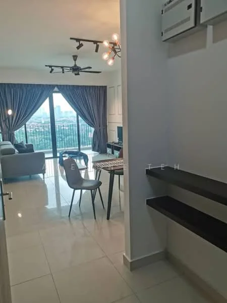 Living features: floor-to-ceiling windows, sliding glass door, grey curtains, 3-seater fabric sofa in light grey, coffee table, TV console, wall-mounted TV, recessed downlights, ceiling fan with light, polished tile flooring, decorative wall, open layout, city view; style: modern; view: city. Room features: white painted walls, built-in shelving, tile flooring.