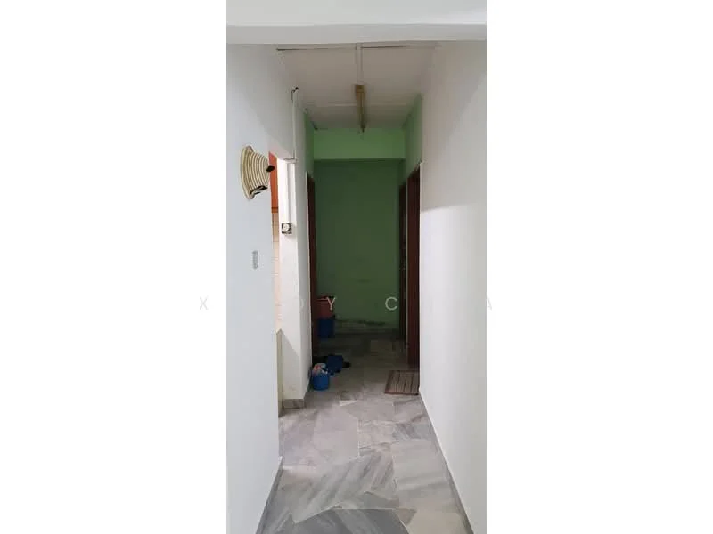 Hallway features: white painted walls, marble flooring, ceiling light fixture, green accent wall, doorway leading to other rooms, doormat, visible cleaning supplies, neutral color scheme.
