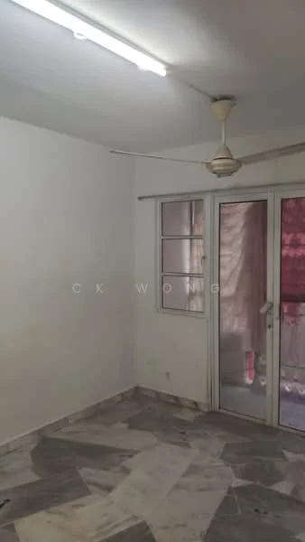 Room features: white painted walls, marble flooring, ceiling fan, sliding glass door, floor-to-ceiling windows, natural light from windows.