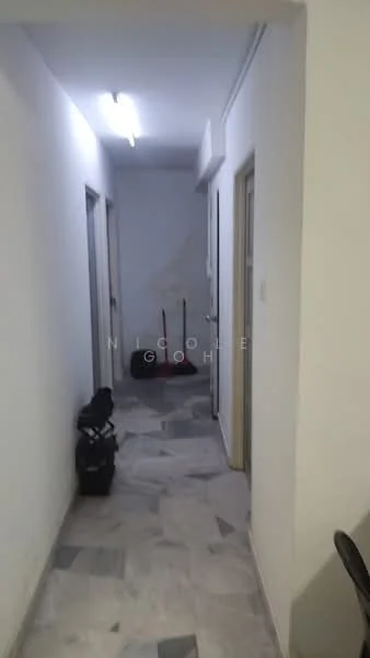 Hallway features: white painted walls, marble tile flooring, ceiling lights, doorways leading to rooms, visible cleaning equipment, neutral color scheme.