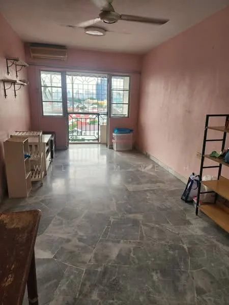 Room features: pink painted walls, marble flooring, 1 wall-mounted split AC, ceiling fan, floor-to-ceiling windows, balcony door, open shelving unit, wooden table, metal shelving unit, trash bin; view: city.