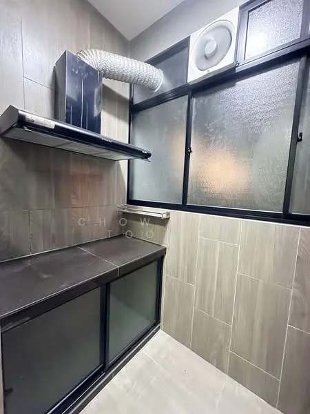 Laundry features: black countertop, glass-front cabinetry, exhaust hood, window with frosted glass, grey tiled walls, light grey tiled flooring, ventilation duct, wall-mounted air vent; style: modern.