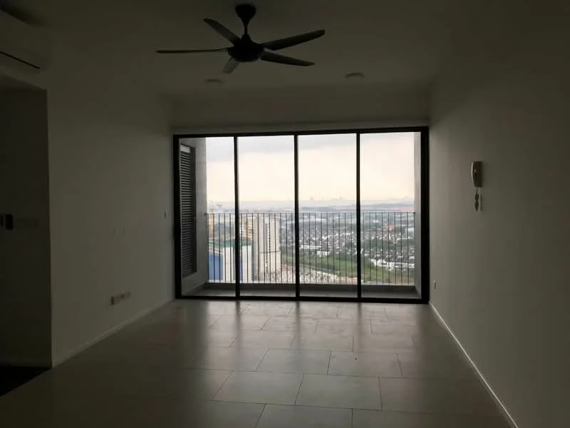 Living features: large floor-to-ceiling windows, sliding glass door, grey tiled flooring, 5-blade ceiling fan, white painted walls, recessed downlights, open layout, balcony view, city skyline view; style: modern; view: city.