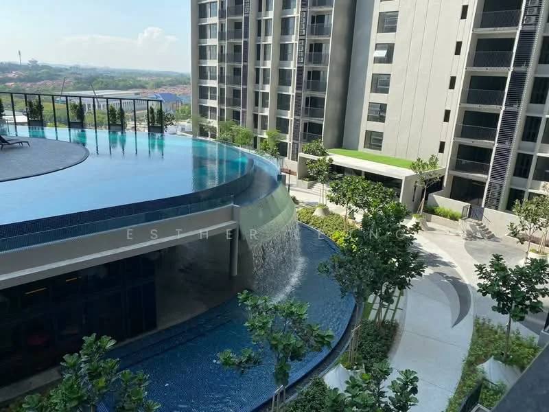 Exterior type: high-rise condominium; features: infinity pool, water feature with waterfall, landscaped garden, manicured lawn, paved walkway, surrounding greenery, balcony with pool view, multiple storeys, modern facade, large glass windows; style: modern.