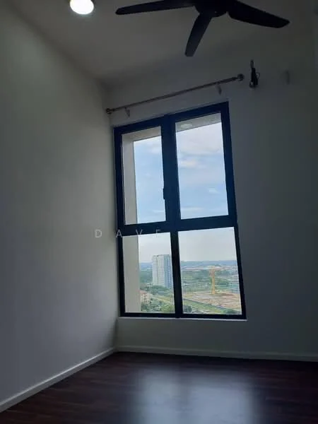 Room features: floor-to-ceiling windows, black window frames, white painted walls, dark wood laminate flooring, ceiling fan, city view, natural light from windows; style: modern; view: city.