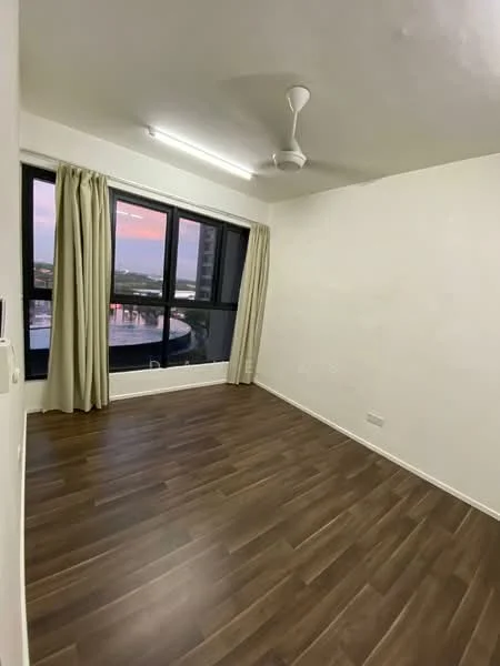 Room features: laminate wood flooring, white painted walls, ceiling fan, floor-to-ceiling windows, curtains, city view; style: modern; view: city.