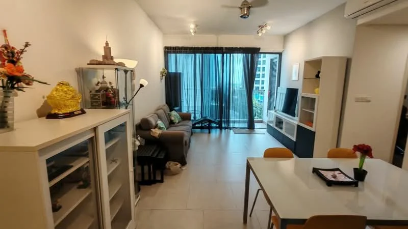 Living features: grey fabric sofa, coffee table, TV console, wall-mounted TV, floor-to-ceiling windows, blackout curtains, ceiling fan, decorative plants, white painted walls, tile flooring, dining table with chairs, display cabinet; style: modern; view: garden.