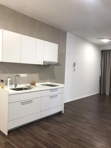 Kitchen features: white cabinetry, single-bowl stainless-steel sink, chrome pull-down faucet, grey backsplash, built-in range hood, countertop with storage, wooden flooring, recessed downlights; style: modern. Room features: white painted walls, curtains, wooden flooring.