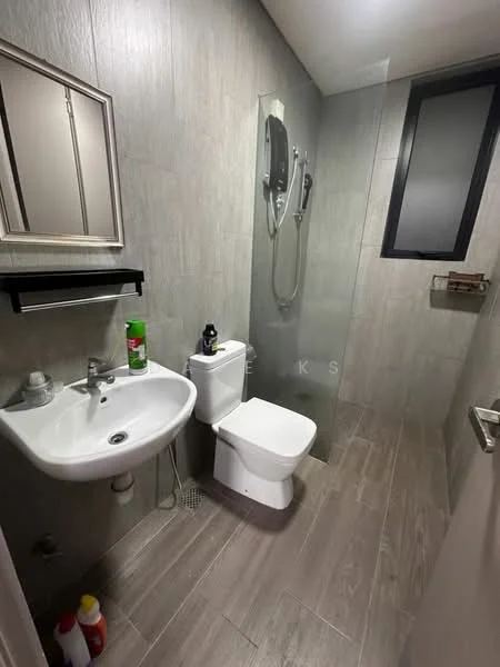 Bathroom features: grey tiled walls, light grey tiled flooring, single-sink vanity with chrome faucet, one-piece toilet, walk-in shower with glass enclosure, handheld shower, wall-mounted mirror, shelf above sink; style: modern.