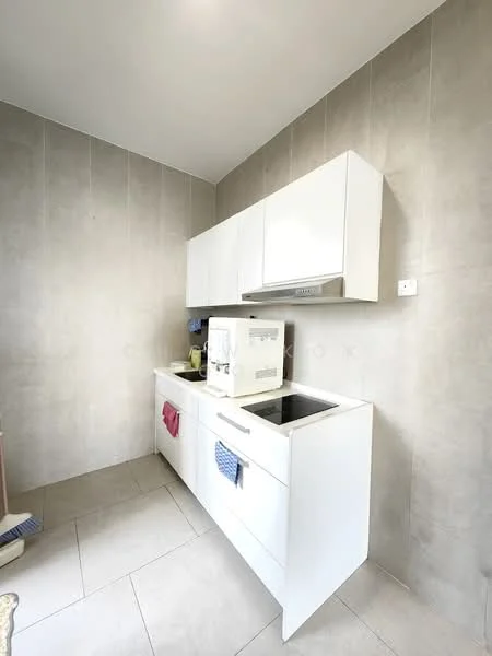 Kitchen features: white cabinetry, stainless-steel sink, built-in stove, white countertop, grey tiled walls, grey tiled flooring, microwave, kitchen towel hanging, hood range, open shelving; style: modern.