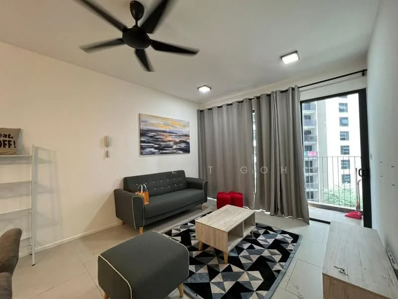Living features: 3-seater fabric sofa in grey, 2 red ottomans, wood coffee table, area rug with geometric pattern, floor-to-ceiling windows, sliding glass door, curtains in light grey, ceiling fan with light, wall-mounted artwork, white painted walls, tile flooring; style: modern; view: city.