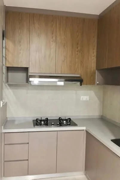 Kitchen features: brown wooden cabinetry, light grey lower cabinets, stainless-steel gas hob with two burners, stainless-steel range hood, grey countertop, white tiled backsplash, built-in oven, drawer storage, wall-mounted shelves; style: modern.