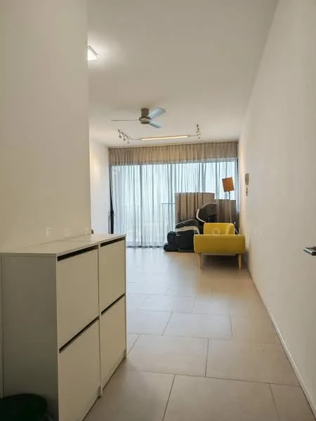 Living features: light-coloured walls, tile flooring, 5-blade ceiling fan, floor-to-ceiling windows, sheer curtains, yellow accent chair, black sofa, coffee table, track lighting, decorative lamp, open layout, natural light; style: modern; view: city.