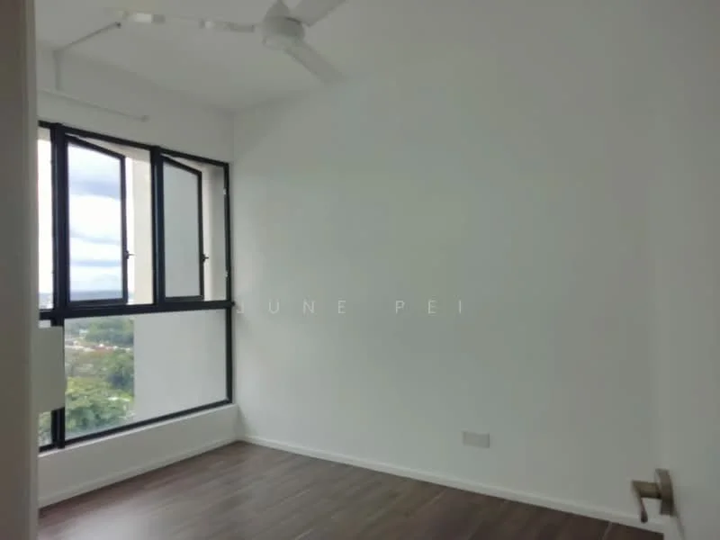 Room features: white painted walls, laminate flooring, floor-to-ceiling windows, ceiling fan, city view; style: modern; view: city.