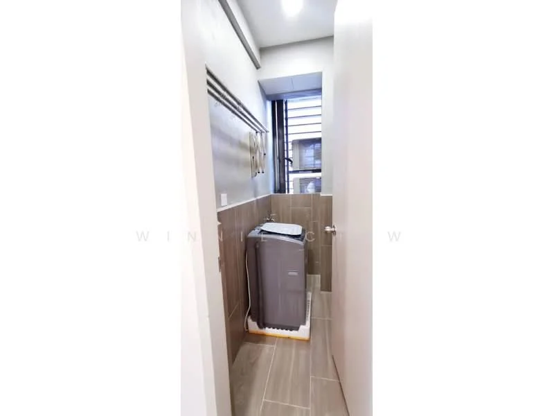Laundry features: washing machine, tile flooring, light grey painted walls, window for natural light, wooden cabinetry, sliding door, utility space, vertical storage racks; style: modern.