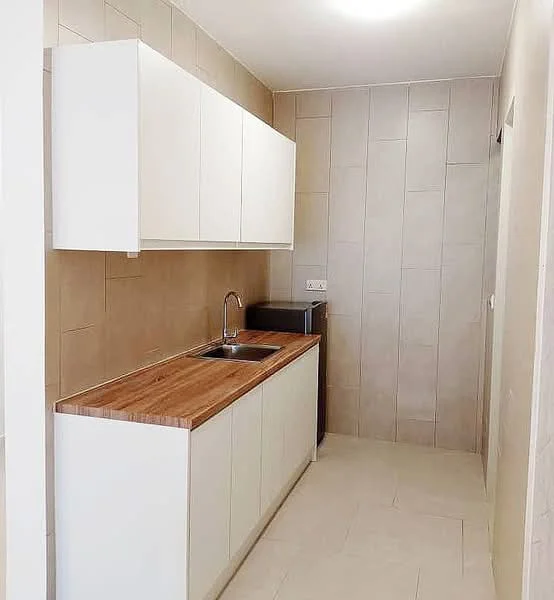 Kitchen features: white cabinetry, wood countertop, stainless-steel sink, chrome pull-down faucet, tile backsplash, light-colored wall tiles, light-colored floor tiles, built-in fridge, under-cabinet lighting; style: modern.