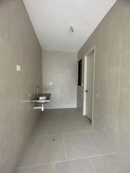 Laundry features: grey tiled flooring, light grey wall tiles, single-bowl stainless-steel sink, wall-mounted faucet, white painted walls, window for natural light, door to adjacent room; style: modern.