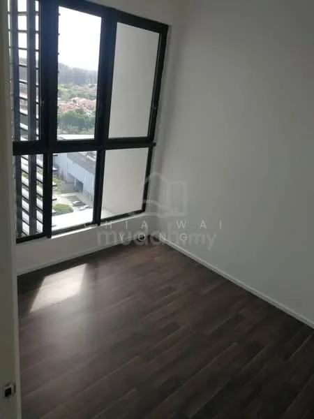 Room features: large floor-to-ceiling windows, black window frames, wooden flooring, neutral wall color, corner room with natural light, view of surrounding area; style: modern; view: city.