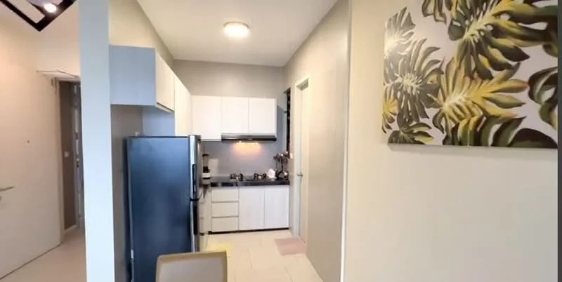 Kitchen features: white cabinetry, black countertop, stainless-steel fridge, built-in oven, 4-burner gas hob, kitchen sink, wall-mounted cabinets, tile flooring, pendant lighting, decorative wall art with plant design; style: modern.