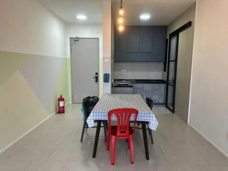 Dining features: dining table with checkered tablecloth, 4 red plastic chairs, grey painted walls, light grey tiled flooring, kitchen cabinetry in dark blue, black countertop, stainless-steel sink, single-bowl stainless-steel sink, chrome pull-down faucet, recessed ceiling lights, fire extinguisher, sliding glass door; style: modern.