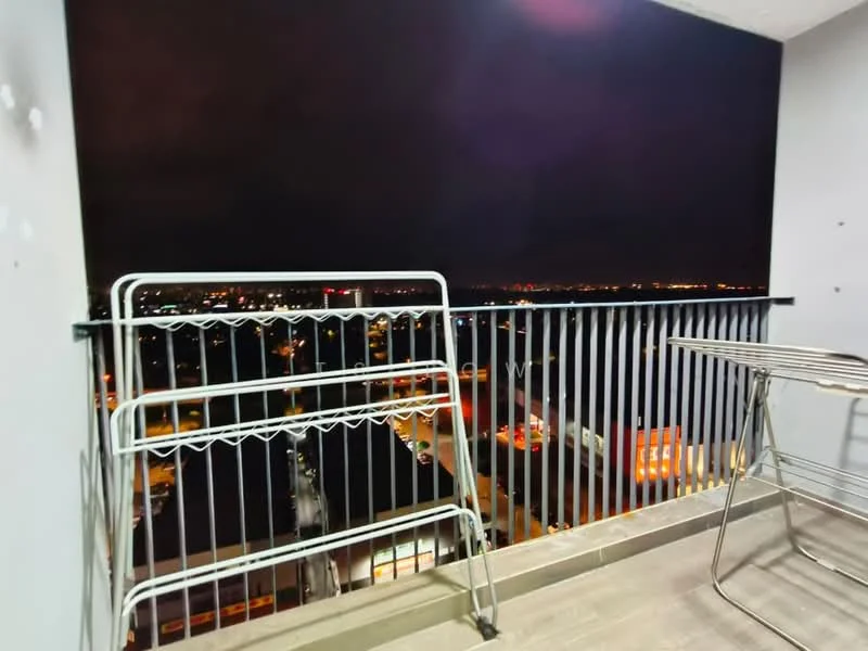 Balcony features: metal railing, floor tiles, clothes drying rack, city view, night lighting, outdoor space; view: city.